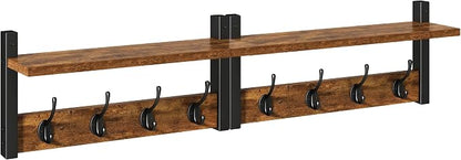 YMYNY Coat Rack Shelf Wall Mounted, Coat Hooks Set of 2, Entryway Coat Hanger with 8 Hooks, 31.5" Wall Floating Shelf with Hat Rack, for Kitchen, Bedroom, Bathroom, Rustic Brown UHWS001H-2