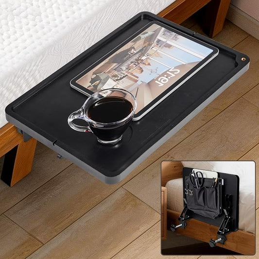 Foldable Bedside Shelf - Bamboo Bedside Shelf with Storage Bag Metal Clip-On Bed Tray Table for Bunk Bed & Dorm Beds, Space Saving Nightstand for Loft Beds