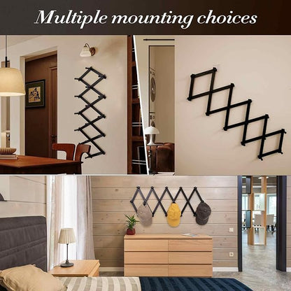 Accordion Wall Hanger with 16 Hooks, Wooden Wall Expandable Coat Rack for Coat, Hats, Baseball Caps, Coffee Mug, Jewelry(Black)