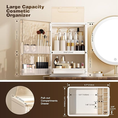 Makeup Organizer with Drawers and Lid, Large Skincare Organizer for Vanity, Dustproof Cosmetic Organizer and Makeup Storage Box with Brush Holder for Dresser, Bathroom Countertop