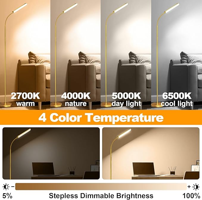 Gold Floor Lamp, 18W 1800LM Bright LED Floor Lamps for Living Room Bedroom, Dimmable Timing Eye Caring Reading Standing Lamp with Remote & Works with Smart Plug