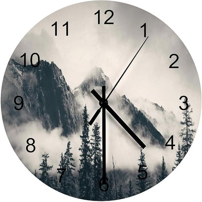 Scenic Nature Wall Clock, Misty Forest Tree Scenery Mountain Foggy Woodland Landscape Wall Clocks Battery Operated Silent Non Ticking Round Wooden Clocks for Kitchen Bathroom Living Room 12 Inch