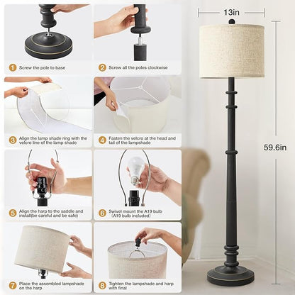 Floor Lamps for Living Room - 60" Resin Farmhouse Floor Lamp with Adjustable Color Temperatures - Vintage Standing Lamp Reading Light with Linen Shade Retro Tall Lamp for Bedroom Office, Black