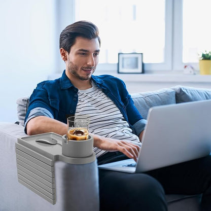 Couch Cup Holder - 3 in 1 Couch Arm Table Tray with 360° Rotating Cup Holder for Couch,Anti-Slip Arm Chair Rest Table for Large Wide Sofa Armrest, Foldable Side Table for Drinks Snacks