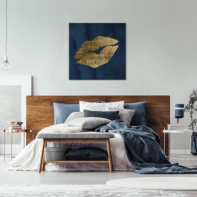 Navy Blue and Gold Lip Canvas Wall Art Lip Wall Decor Fashion Poster Sexy Painting Cute Pictures for Bedroom Bathroom Makeup Home Decoration 32x32Inch
