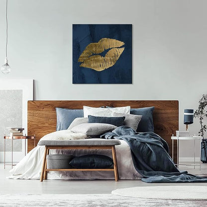 Navy Blue and Gold Lip Canvas Wall Art Lip Wall Decor Fashion Poster Sexy Painting Cute Pictures for Bedroom Bathroom Makeup Home Decoration 32x32Inch