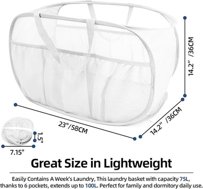 2 Pack Collapsible Laundry Baskets, Upgrade Pop Up Laundry Hamper with Convenient Bags, Foldable Laundry Basket Mesh Light Weight, Easy to Carry Clothes Hampers for Laundry, Dorm, Toys, Travel White