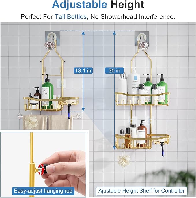 Shower Caddy, Extended Length Shower Organizer with Hooks, Rustproof Shampoo Soap Holder, Large Hanging Bathroom Caddy, Gold