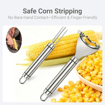 Corn Peeler and Holder Set – Stainless Steel Corn Stripper for Corn on the Cob, Safer Grip & Hand Protection, Easy Kernel Removal Tool