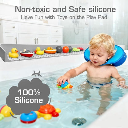 31.5" Bathtub Splash Guard for Kids & Toddlers- Silicone Play Shelf & Toy Storage Tray with Strong Suction Cups to Prevent Water Spills, No-Leak Fun Bath Time - Tub Toy Holder Ledge,Grey
