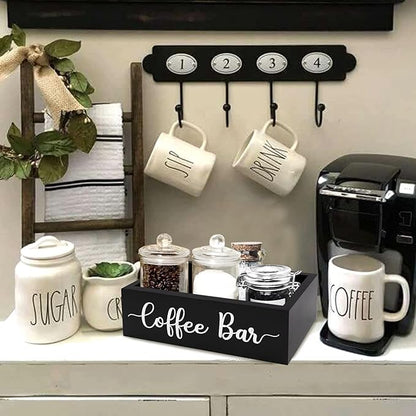 Coffee Station Organizer Coffee Bar Wood Countertop Accessories for Home Office Kitchen Countertop Organizer Condiment Station Storage Farmhouse Coffee Bar Decor 12"L x 6.6"W x 3.6"H, Black