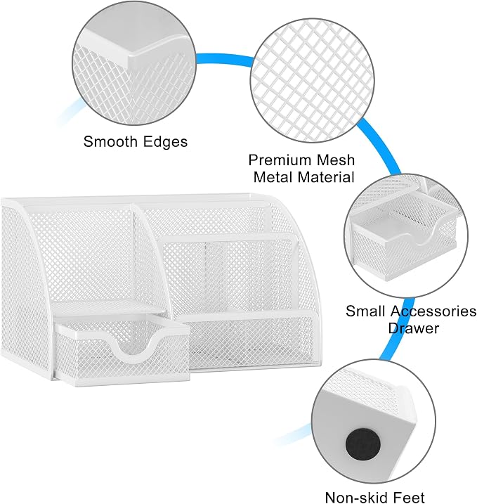 EasyPAG Mesh Desk Organizer with Drawer Multi-functional Pen Holder Stationery Organizer for Office School Supplies 6 Compartments Dorm Organizers and Storage for Desk, White