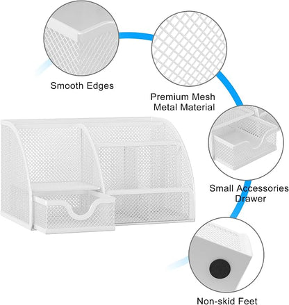EasyPAG Mesh Desk Organizer with Drawer Multi-functional Pen Holder Stationery Organizer for Office School Supplies 6 Compartments Dorm Organizers and Storage for Desk, White