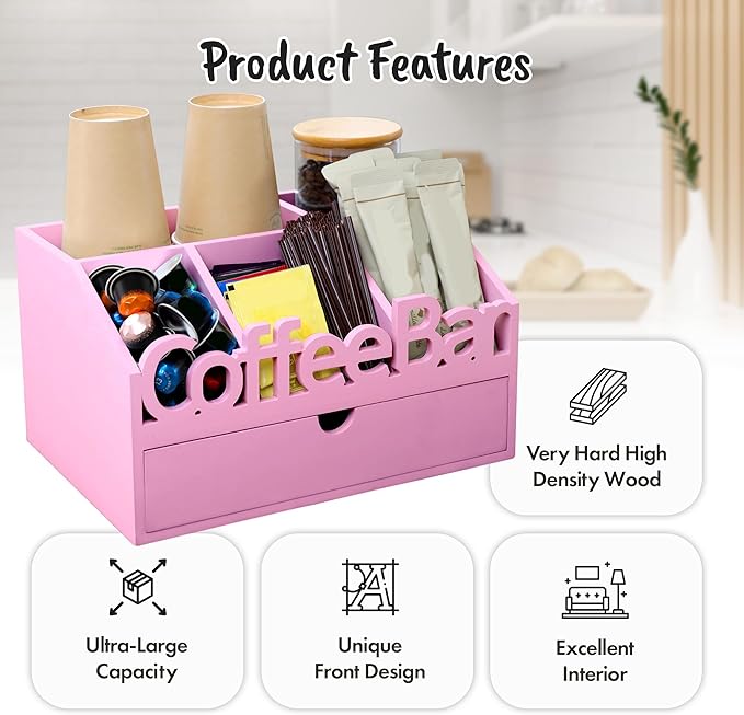 Coffee Bar Organizer for Countertop – Wooden Coffee Station, Tea and K Cup, Condiment Storage Rack, Coffee Pod Holder for Home and Office Counter Organization (Drawer - Pink)