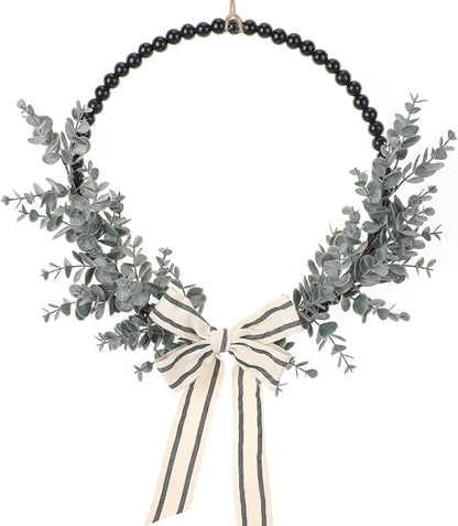 Wood Bead Eucalyptus Leaf Wreaths - 13 Inch Natural Greenery Wreaths Boho Wall Hanging Decoration for All Season Bedroom Room Rustic Farmhouse Home Indoor Outdoor Window Decor