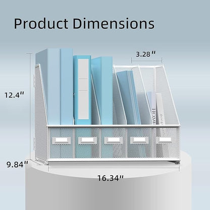 SUPEASY Desk Organizers Metal Desk Magazine File Holder with 5 Vertical Compartments Rack File Organizer for Office Desktop, Home Workspace, White (Pack of 2)