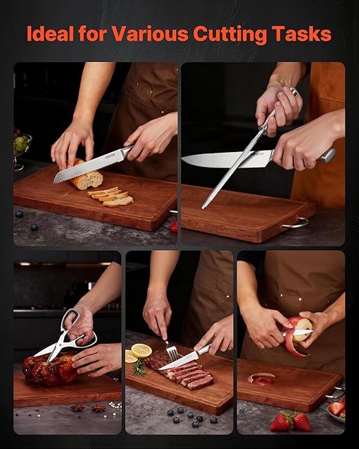 VEVOR Kitchen Knife Set with Block and Sharpener, 15 Piece German High Carbon Stainless Steel Sharp Knife Set, Kitchen Cutlery with Ergonomic Handle, Sharpening Rod and Wooden Block, for Home Cooks