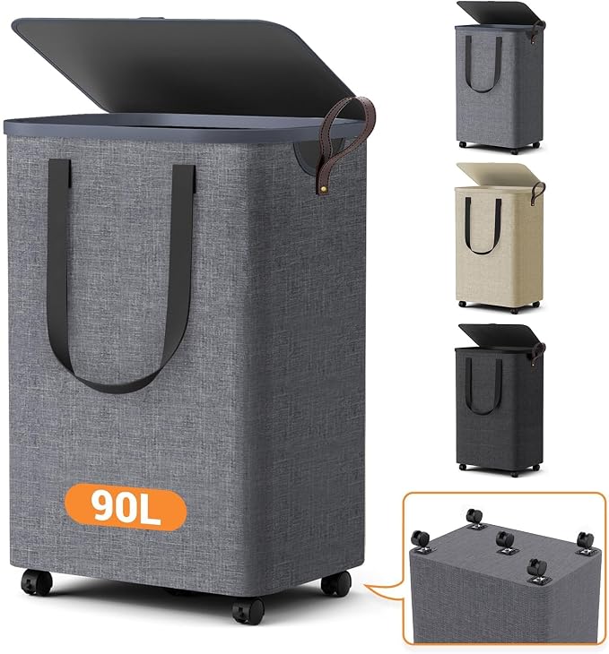 Laundry Basket with 5 Wheels, Tall Dirty Laundry Hamper, Rolling Laundry Basket with Lid, Large 90L Collapsible Clothes Hamper for Laundry Room Bedroom Bathroom Dorm, Light Gray
