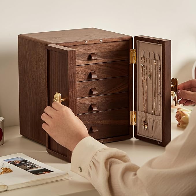 Wooden Jewelry Box 5 Layer Black Walnut Large Jewelry Organizer with Brass Handle for Necklaces Rings Earrings Watches Storage, Christmas Gifts(7.9x8.7x10.0inches)