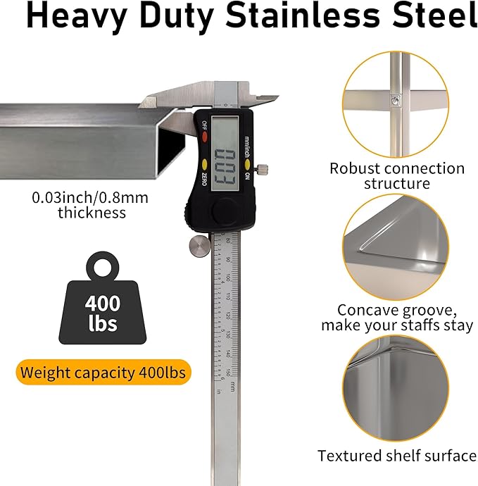 uyoyous 3-Tier Stainless Steel Utility Cart, 360° Rotation Wheels & 400 lbs Capacity, Commercial Serving Cart for Kitchen Hotel Restaurant Home, 30" L x 16" W x 33" H