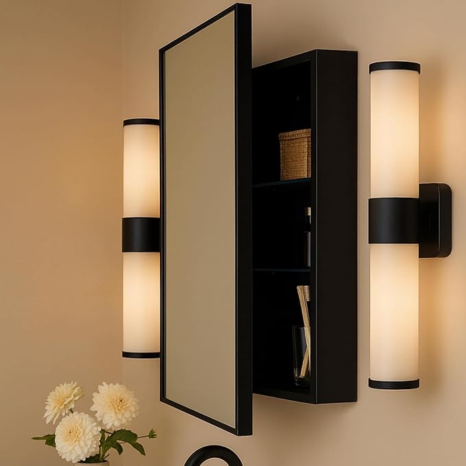 TEHOME 20'' x 30'' Black Recessed and Surface Mount Bathroom Medicine Cabinet with Mirror Matt Black Square Cornered Metal Framed Rounded Rectangle Medicine Cabinet Mirror