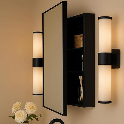 TEHOME 17.5'' x 29'' Black Recessed and Surface Mount Bathroom Medicine Cabinet with Mirror Matt Black Square Cornered Metal Framed Rounded Rectangle Medicine Cabinet Mirror