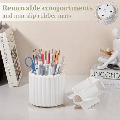 Anyoifax 360° Rotating Pen Holder 7 Slots Desk Organizer Removable Pencil Cup Plastic Art Supplies and Accessories Desktop Storage Box Caddy for Office, School, Home (White)