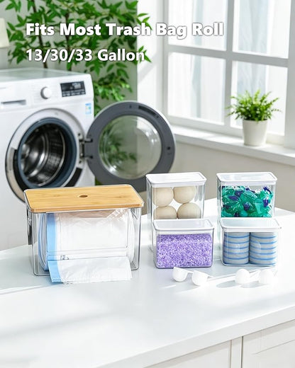 iCASA Trash Bag Dispenser Dishwasher Pods Container, 5 in 1 Garbage Bags Holder Under Sink Organizer Acrylic Laundry Pod Detergent Powder Container, Kitchen Pantry Laundry Room Organization Storage
