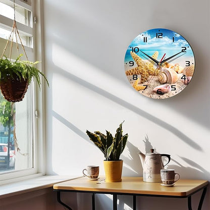 Wall Clock, 10 Inch Silent Non-Ticking Home Kitchen Decor, Battery Operated for Bathroom Bedroom Living Room Office(Starfish Seashells Beach)