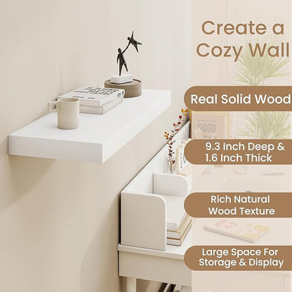 White Floating Shelves 24 Inch Long, 9.3 Inch Deep Floating Shelves for Wall, Rustic Solid Wood Shelves, Deep Wall Shelves for Living Room, Bedroom, Kitchen, 24"W x 9.3"D x 1.6"H, Set of 2