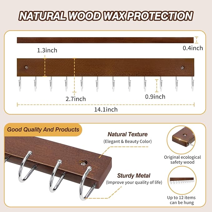 Key Hooks, Key Hooks for Wall Mounted with 12 Hooks, for Entryway, Bathroom, Hallway and Kitchen(Brown Color)(2Pack)