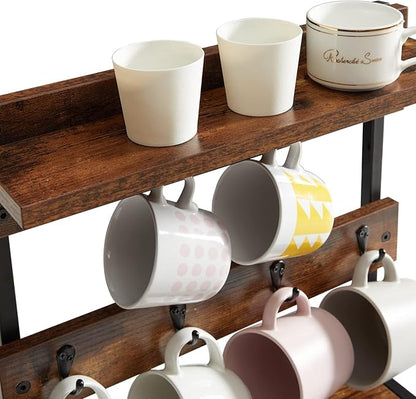 IBUYKE Rustic Coffee Mug Holder Stand, 2 Tier Countertop Mug Tree Holder Rack with Storage Base, Vintage Mug Holders for Kitchen, Holds 8 Mugs, Rustic Brown UTBJ002H