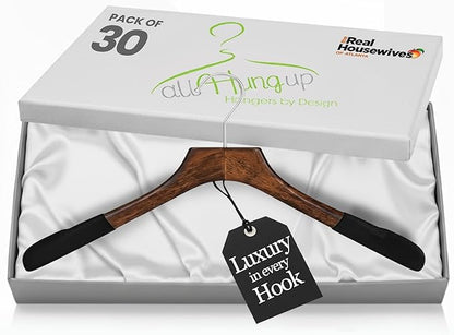 Premium Luxe Wooden Hangers for Women, Wide Shoulder Design for Dresses, Skirts, Sweaters & Blouses, Heavy Duty with Velvet Grip, Mahogany with Black Velvet, 30 pcs