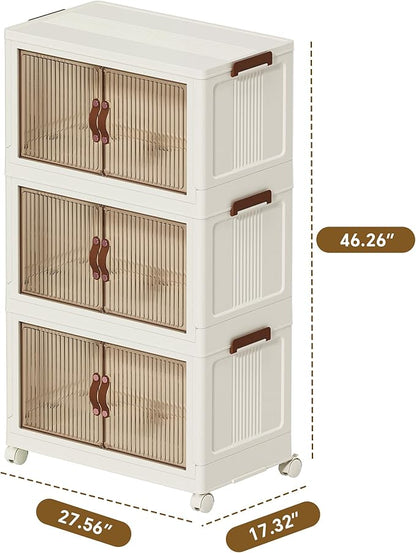 Collapsible Stackable Storage Bins with Lids and Wheels, 98 Gal Folding Storage Box with Doors, Foldable Plastic Cabinet Storage Containers with Drawers for Clothes, Home, Room, White, 3 Tiers