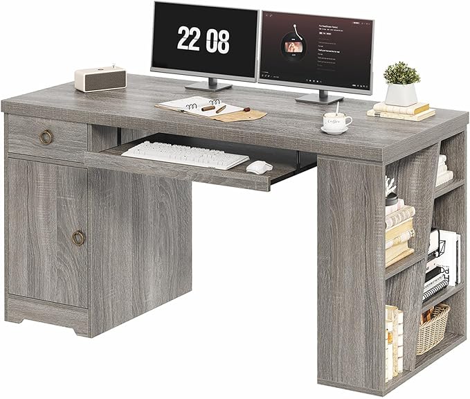HSH 55" Office Computer Desk with Drawers, Farmhouse Grey Executive Desk with Storage Shelves and Cabinet, Modern Wooden Computer Table Teacher Desks with Keyboard Tray for Home Writing Work Study