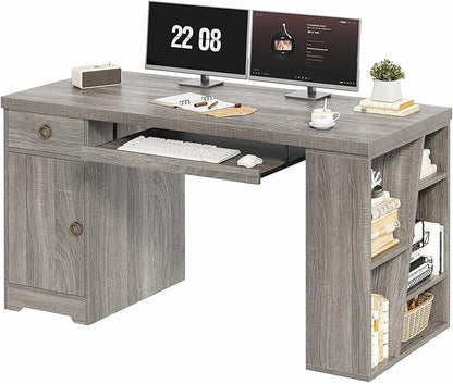 HSH 55" Office Computer Desk with Drawers, Farmhouse Grey Executive Desk with Storage Shelves and Cabinet, Modern Wooden Computer Table Teacher Desks with Keyboard Tray for Home Writing Work Study