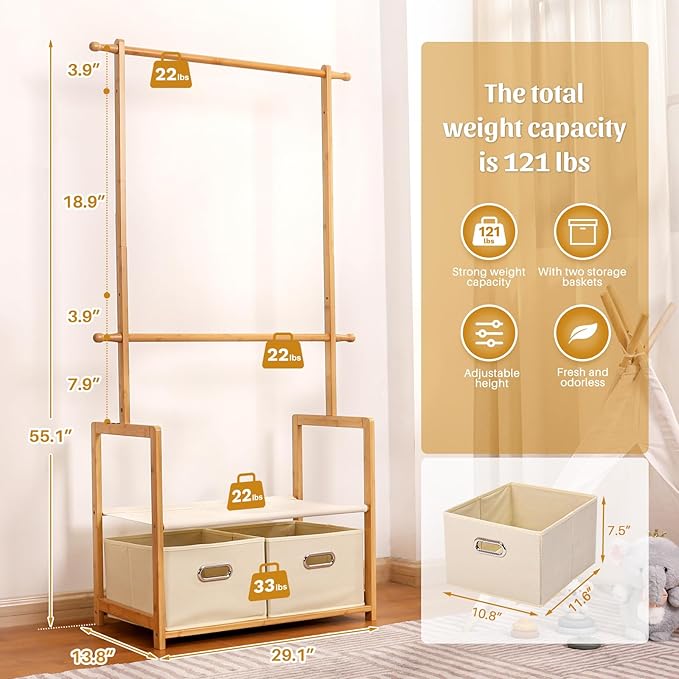 Kids Clothing Rack Bamboo with 2 Storage Baskets and 2 Adjustable Hanging Rods,Child Garment Holder with Shelf, Dress up Racks for Playroom,Toddlers Bedroom (Natural)