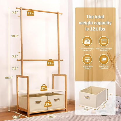Kids Clothing Rack Bamboo with 2 Storage Baskets and 2 Adjustable Hanging Rods,Child Garment Holder with Shelf, Dress up Racks for Playroom,Toddlers Bedroom (Natural)