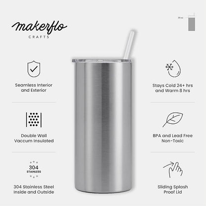makerflo 20 oz Thick Stainless Steel Tumbler Pack of 25 with Lid & Straw | Craft-Ready for DIY Gifts & Personalization (Sublimation, Epoxy, UV DTF, Vinyl, and Laser Engraving)