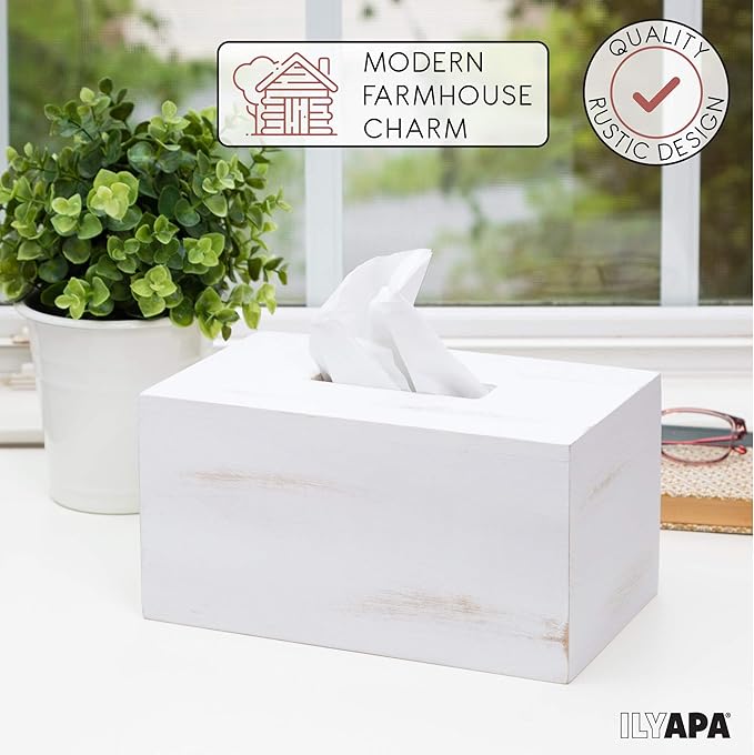 Ilyapa Wood Tissue Box Cover, 2 Pack Rectangular - Rustic Farmhouse White Wooden Tissue Holders