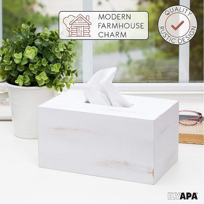 Ilyapa Wood Tissue Box Cover, 2 Pack Rectangular - Rustic Farmhouse White Wooden Tissue Holders