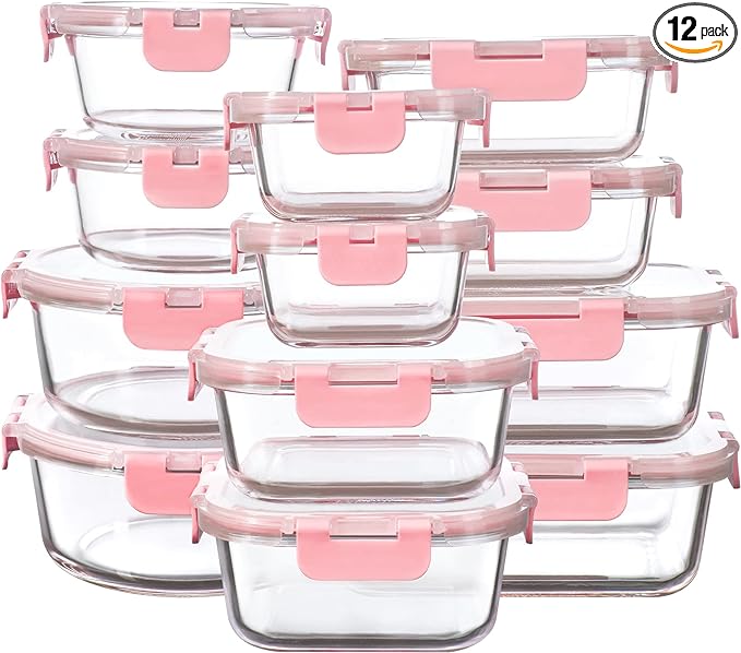 FAWLES 12 Pack Glass Storage Containers with Lids, Leak-Proof Meal Prep Containers, Dishwasher/Microwave/Oven/Freezer Safe Glass Food Storage Containers for Leftovers, to Go