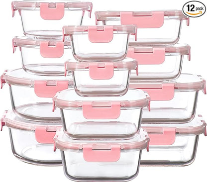 FAWLES 12 Pack Glass Storage Containers with Lids, Leak-Proof Meal Prep Containers, Dishwasher/Microwave/Oven/Freezer Safe Glass Food Storage Containers for Leftovers, to Go