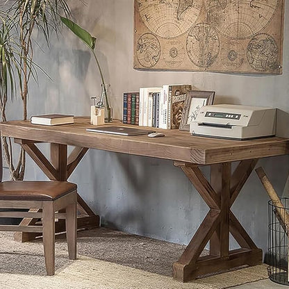 homary 47.2" Solid Wood Executive Desk, Rustic Farmhouse Home Office Desk with X-Trestle Base, Compact Writing & Computer Table for Home Office or Study Room
