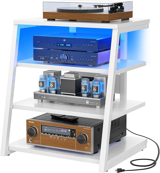 Armocity 4-Tier AV Media Stand with Power Strips, Stereo Stand with LED Lights, Audio Tower Rack with Adjustable Shelves, Small Entertainment Center, 30'', White