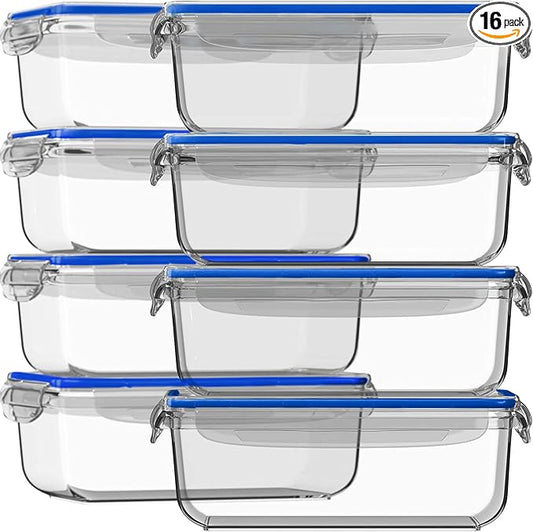 Razab 16 Pc (Set of 8) 30 Oz Glass Meal Prep Containers with Lids, Airtight Large Glass Food Storage Containers, Reusable Leak Proof BPA Free, Freezer to Oven and Dishwasher Safe