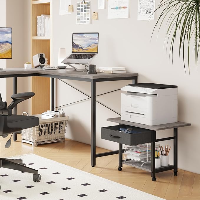 YAOHUOO 22"x15" Large Printer Stand with Drawer, 2-Tier Rolling Table Cart | Under Desk Printer Table,Storage Fabric Drawer,Fit printer/fax/3d/scanner,4 Lock Wheels or Feet,For Home Office Dorms,Gray