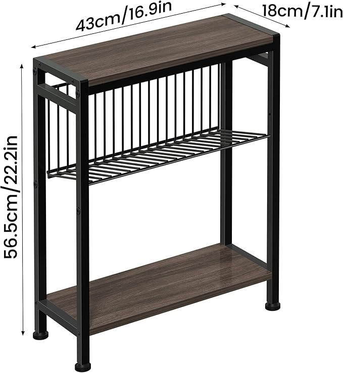 Small Side Table Set of 2 - 3-Tier Narrow End Table with Magazine Holder, Skinny Snack Couch Table for Living Room, Bedroom, Study and Balcony (Ash Brown)