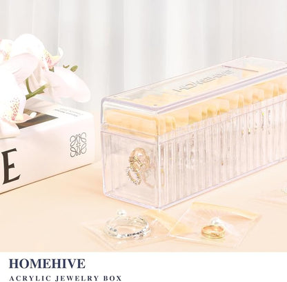 HOMEHIVE Acrylic Jewelry Box Organizer, Clear Jewelry Organizer Holder with 20 Portable Anti Tarnish Jewelry bags, Travel Jewelry Case for Earrings/Rings/Necklaces for Women Girls, Yellow