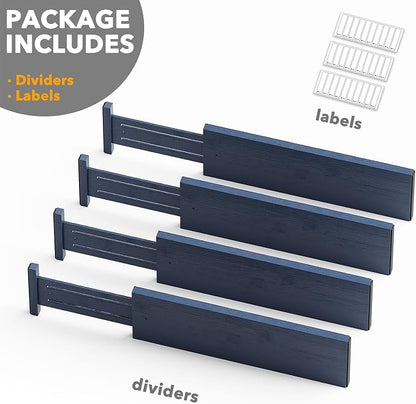 SpaceAid Bamboo 4 Pack Dresser Drawer Dividers, 4.65“ High Adjustable 17“-22” Drawer Organizers, Expandable Organization for Clothing, Clothes, Dressers, Navy Blue